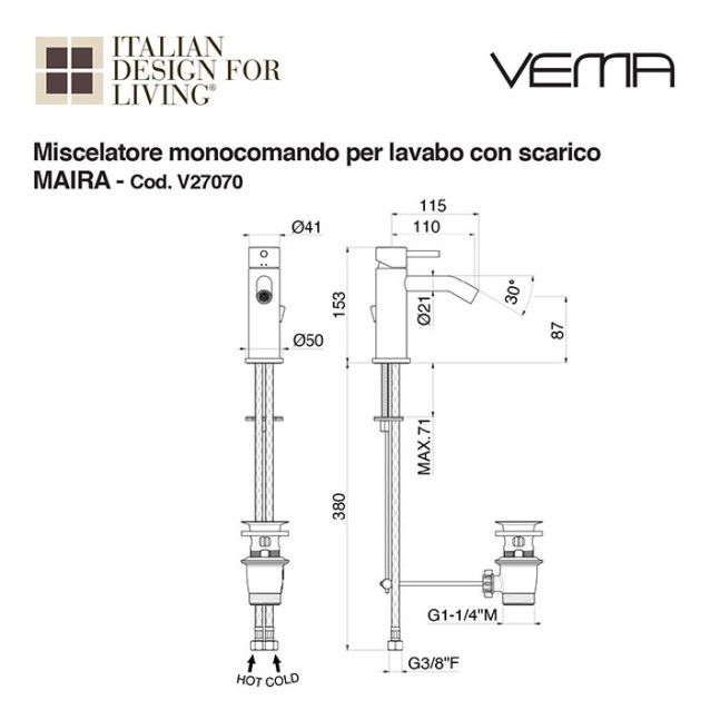 Miscelatore bidet Maira con scarico | Vema