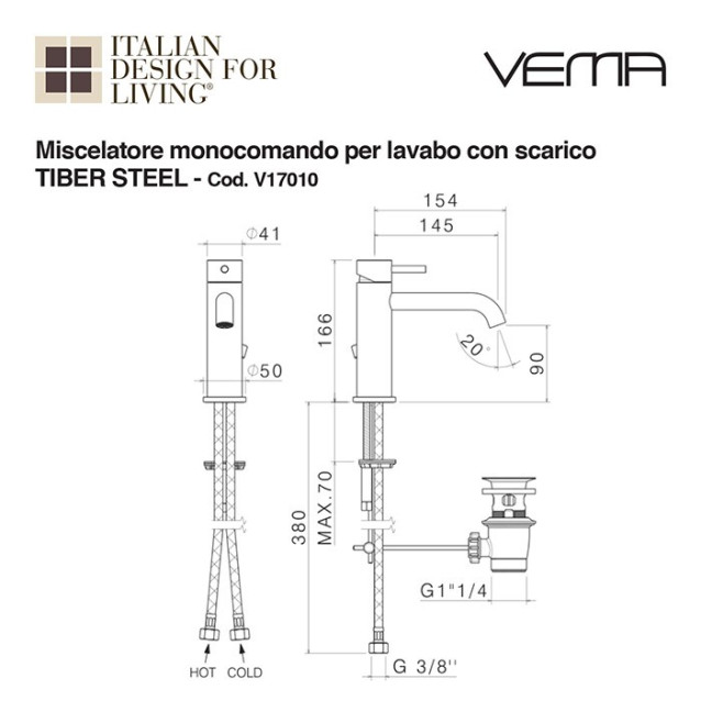 Miscelatore lavabo Tiber Steel con scarico | Vema