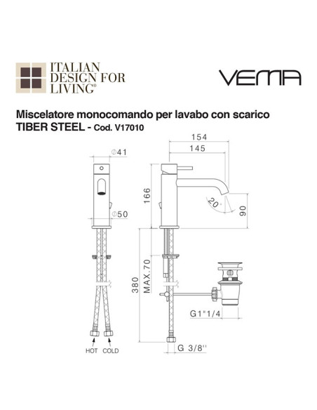 Miscelatore lavabo Tiber Steel con scarico | Vema