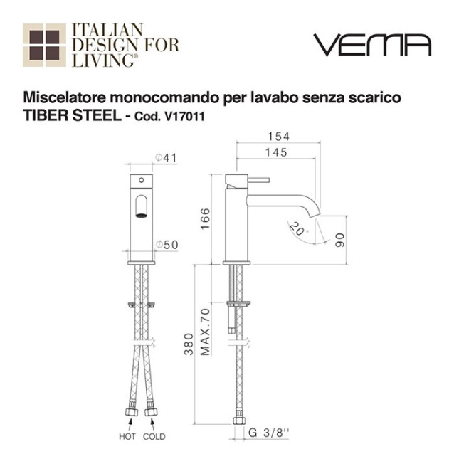 Miscelatore lavabo Tiber Steel senza scarico | Vema