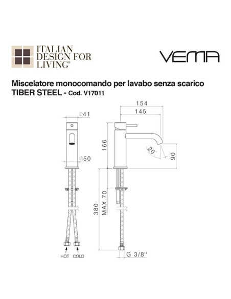 Miscelatore lavabo Tiber Steel senza scarico | Vema