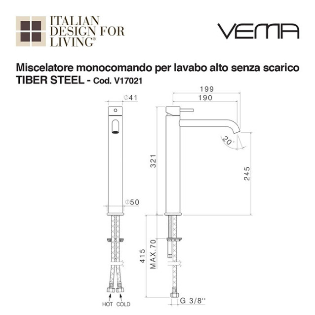 Miscelatore lavabo Tiber Steel alto senza scarico | Vema