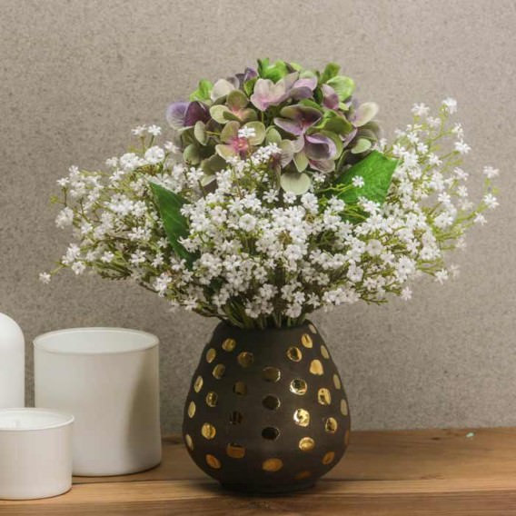 Composizione composta da Vaso con Pois dorati, Ortensia e Fiore Bianco artificiale | POLKADOT BLOSSOM