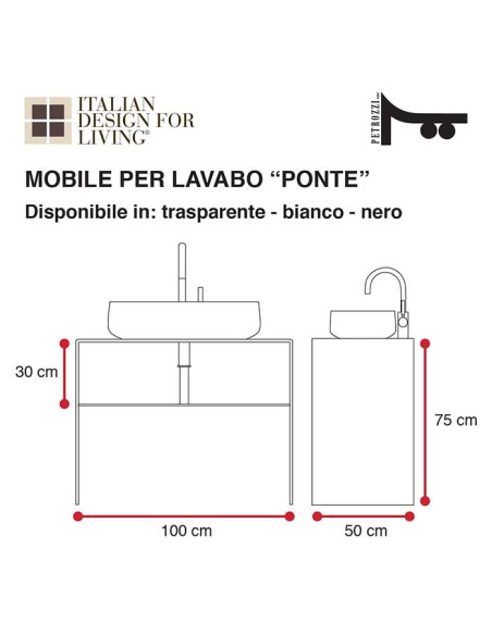 Mobile Bagno da 50 cm Ponte | Con o senza Lavabo | Trasparente | Bianco | Nero | Petrozzi