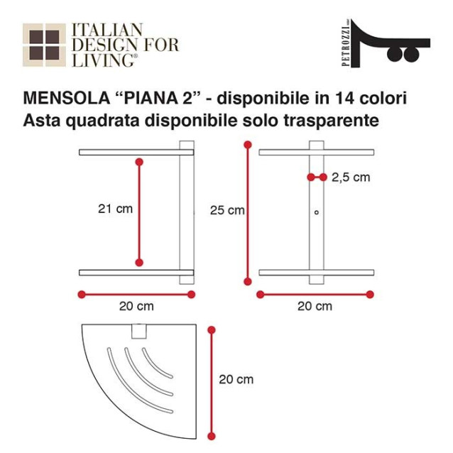 Mensola angolare Linea 2  | Con o senza Asole | Plexiglass | 14 Colorazioni | Petrozzi