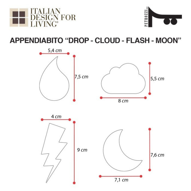 Appendiabiti a Magnete Goccia Nuvola Tuono Luna | Plexiglass colorato | Petrozzi