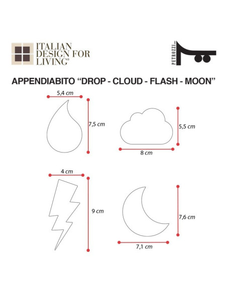 Appendiabiti a Magnete Goccia Nuvola Tuono Luna | Plexiglass colorato | Petrozzi