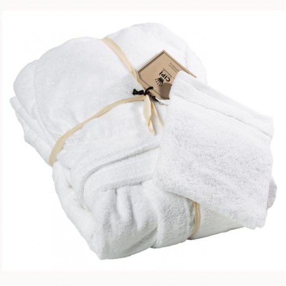 Elegant woman's bathrobe with cotton capped sponge hood of pure cotton Made in Italy, contrasting beading
