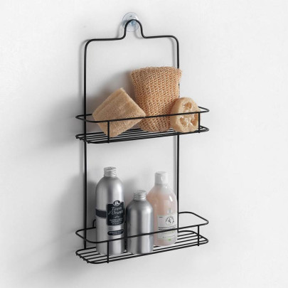 Porta oggetti bagno mensola 2 ripiani da parete a ventose in metallo Opaco Nero | TFT