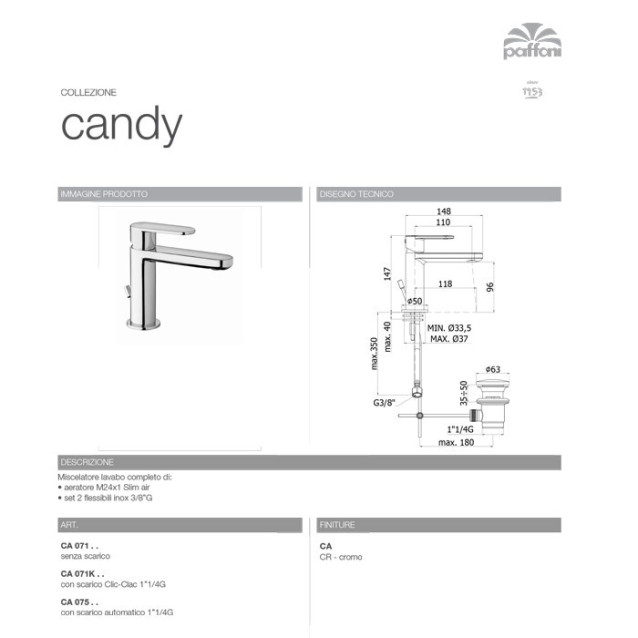 Rubinetto miscelatore lavabo corto | Serie Candy | Paffoni