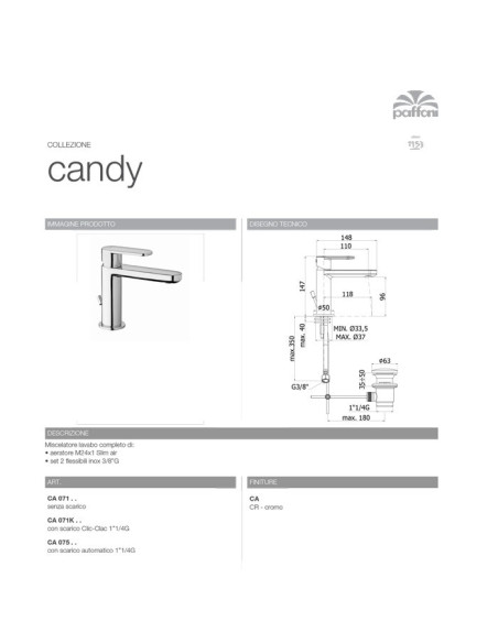 Rubinetto miscelatore lavabo corto | Serie Candy | Paffoni