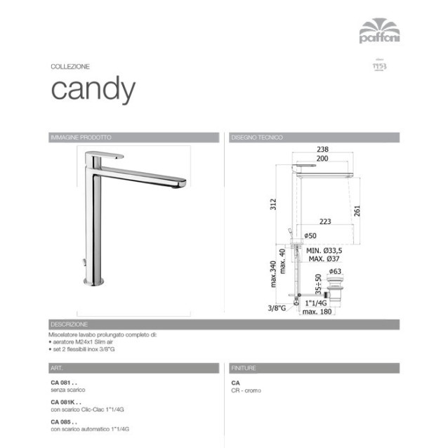 Rubinetto miscelatore lavabo alto | Serie Candy | Paffoni