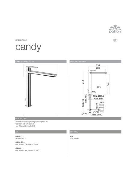 Rubinetto miscelatore lavabo alto | Serie Candy | Paffoni