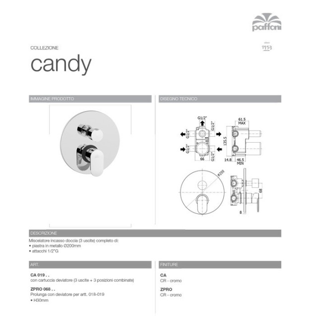 Miscelatore doccia incasso a 3 uscite | Candy | Paffoni