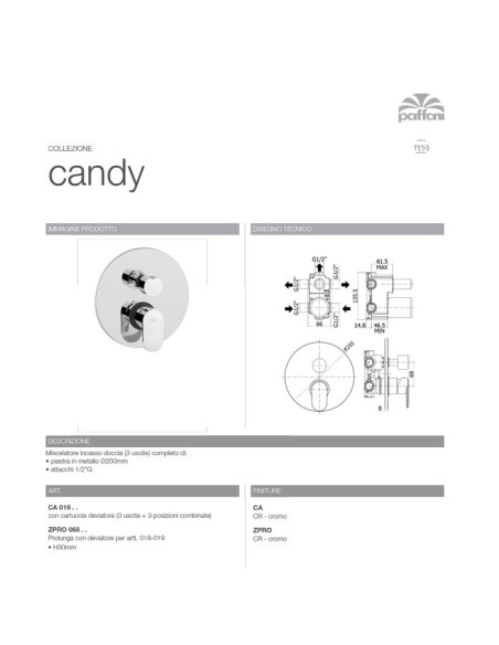 Miscelatore doccia incasso a 3 uscite | Candy | Paffoni